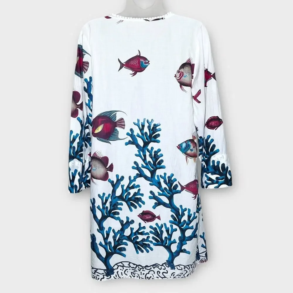 SOFT SURROUNDINGS Seychelles White Blue Coral Tropical Fish Tunic Blouse Small